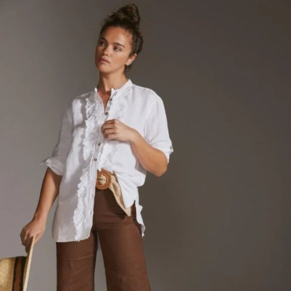 Pilcro Women's Ruffled Placket Button-Up Western Linen Blend Shirt Size S White - Picture 1 of 11